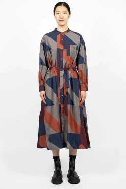 Banded Collar Dress Burgundy/Geo