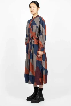 Banded Collar Dress Burgundy/Geo