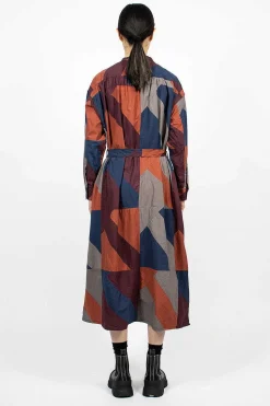 Banded Collar Dress Burgundy/Geo