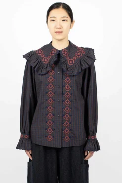 Blossom Gingham Shirt Navy/Brown