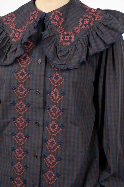 Blossom Gingham Shirt Navy/Brown