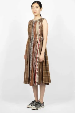 Drawstring Panel Dress Brown Stripe