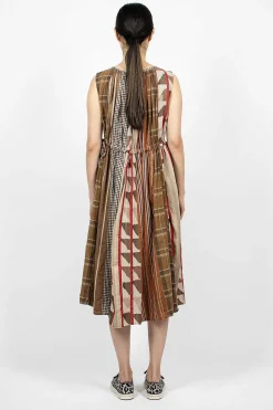 Drawstring Panel Dress Brown Stripe