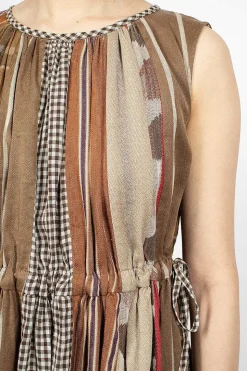 Drawstring Panel Dress Brown Stripe