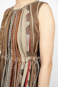 Drawstring Panel Dress Brown Stripe