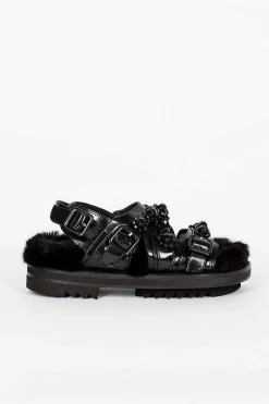 Faux Fur Track Sandal Black
