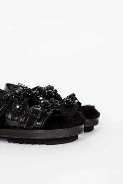 Faux Fur Track Sandal Black