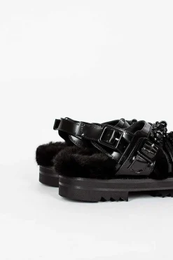 Faux Fur Track Sandal Black