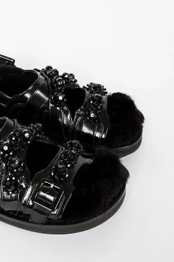Faux Fur Track Sandal Black