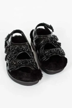 Faux Fur Track Sandal Black