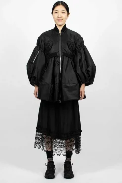 Long Puff Sleeve Satin Bomber Black