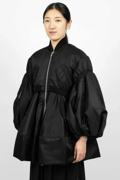 Long Puff Sleeve Satin Bomber Black
