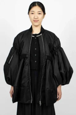 Long Puff Sleeve Satin Bomber Black