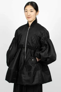Long Puff Sleeve Satin Bomber Black