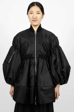 Long Puff Sleeve Satin Bomber Black