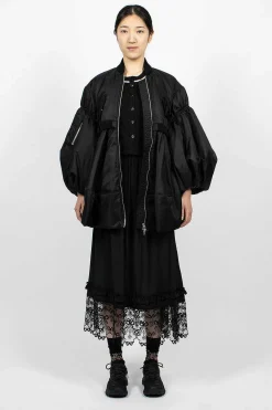 Long Puff Sleeve Satin Bomber Black