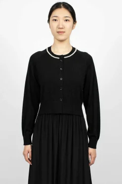 Pearl Embellished Cropped Black Cardigan