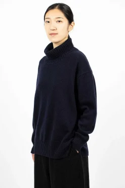 Side Slit Pullover Turtleneck Navy