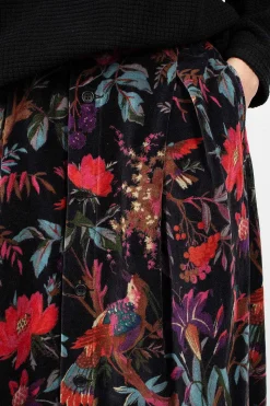Tuck Velveteen Skirt Bird Print