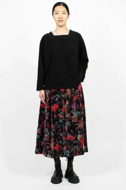 Tuck Velveteen Skirt Bird Print