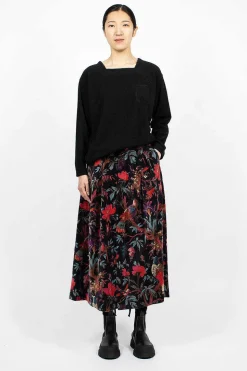 Tuck Velveteen Skirt Bird Print