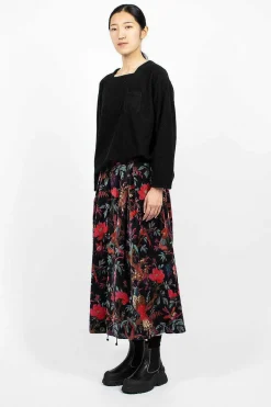 Tuck Velveteen Skirt Bird Print